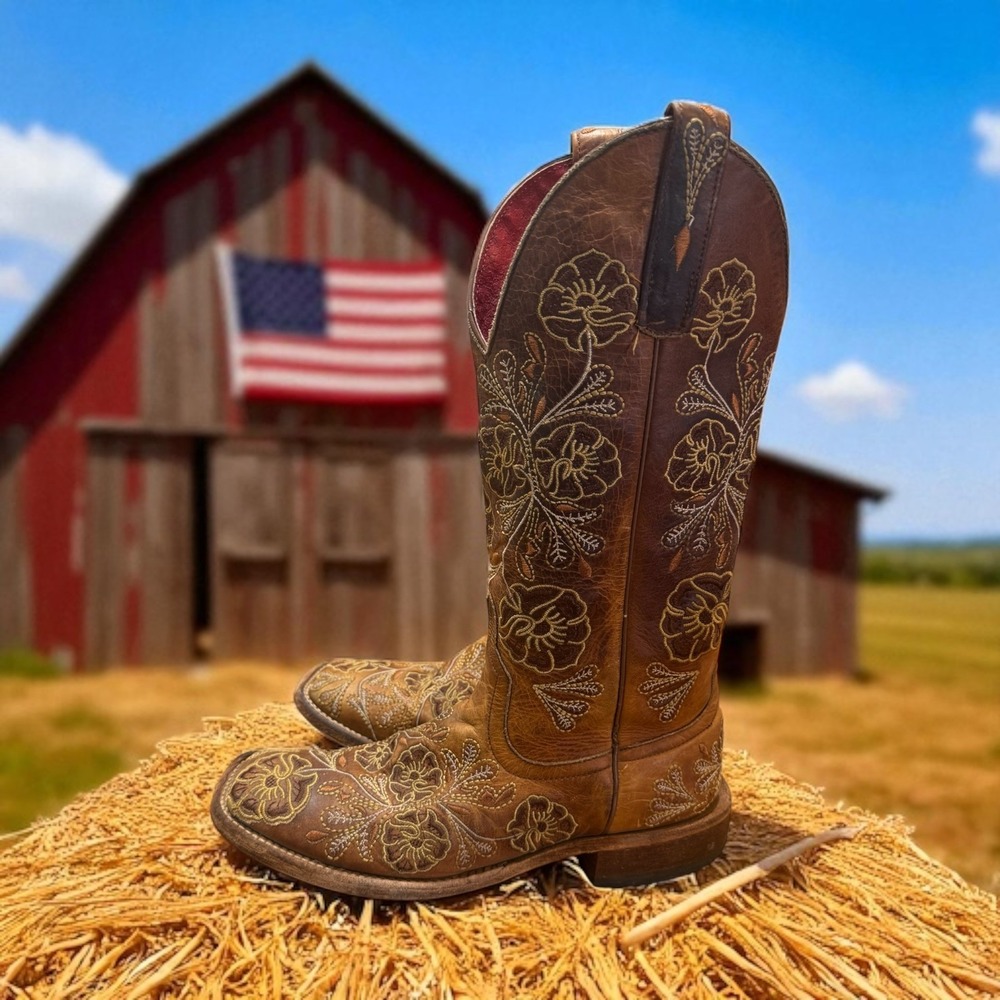 🔥Macie Bean 🤑Whiskey🤠 Bent Pansy‎ Floral Embroidered  Western Cowboy Boots 7